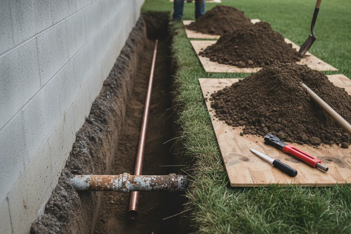 Excavated water line trench during Sewer Line Repair in Parrish